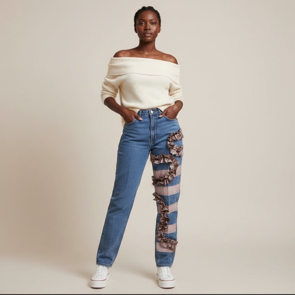 Upcycled Purple Ruffle Chic Mom Jeans